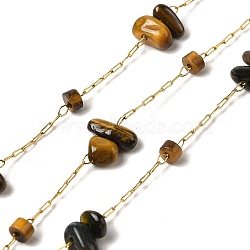 Ion Plating(IP) 304 Stainless Steel Paperclip Chains, with Tiger Eye Beads, Real 18K Gold Plated, Chip, Soldered, with Spool, 2.5x1x0.1mm, about 32.81 Feet(10m)/Roll(STAS-P368-01G-07)