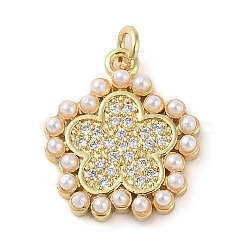 Brass Micro Pave Clear Cubic Zirconia Pendants, with ABS Imitation Pearl, Real 18K Gold Plated, Flower, 17x15x3mm, Hole: 1.6mm(KK-Q813-08A-G)