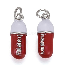 Brass Enamel Pendants, with Jump Rings, Long-Lasting Plated, Pill Bar Shape with Word Happy, Red, Real Platinum Plated, 17x6mm, Hole: 3mm(KK-F821-51B-P)