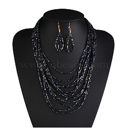 Bohemian Style Glass Seed Beaded Multilayer Necklaces & Teardrop Dangle Earrings Sets, Black, 490mm(WG1B7AB-01)