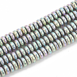 Electroplate Non-magnetic Synthetic Hematite Beads Strands, Heishi Beads, Flat Round/Disc, Rainbow Plated, 4x2mm, Hole: 1mm, about 210pcs/strand, 16.14 inch(G-N0318-01C)