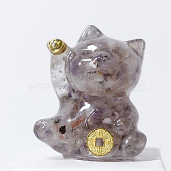 Resin Craft Display Decorations, with Natural Amethyst Chip, Lucky Cat Figurine, for Home Feng Shui Ornament, 63x55x45mm(DJEW-PW0021-29G-08)