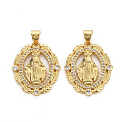 Brass Micro Pave Cubic Zirconia Pendants, Nickel Free, Oval with Virgin, Real 16K Gold Plated, 25x21x3mm, Hole: 3x5mm(KK-Q252-082-NF)