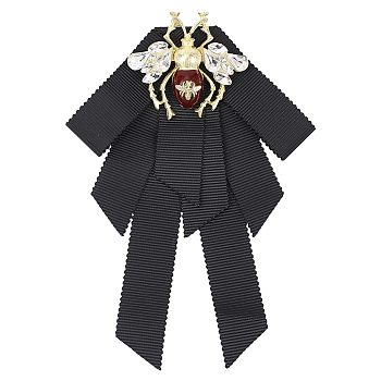 1Pc Alloy & Iron & Polyester & Acrylic Exquisite Lapel Pin for Women, Bowknot with Bee, Platinum & Golden, 145x105mm