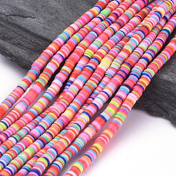Flat Round Handmade Polymer Clay Beads, Disc Heishi Beads for Hawaiian Earring Bracelet Necklace Jewelry Making, Mixed Color, 6x1mm, Hole: 2mm, about 353~378pcs/strand, 17.7 inch