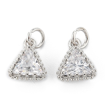 Brass Micro Pave Clear Cubic Zirconia Pendants, Long-Lasting Plated, Triangle, Real Platinum Plated, 10x9x5.5mm, Hole: 3.4mm
