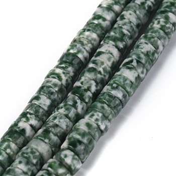 Natural Green Spot Jasper Beads Strands, Heishi Beads, Flat Round/Disc, 6x3mm, Hole: 1mm, about 119~131pcs/strand, 14.76~15.74 inch(37.5~40cm)