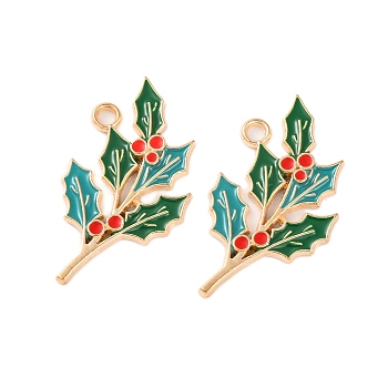 Golden Plated Alloy Enamel Pendants, Cadmium Free & Lead Free, Leaf Charm, Dark Green, 33x21x2mm, Hole: 2mm