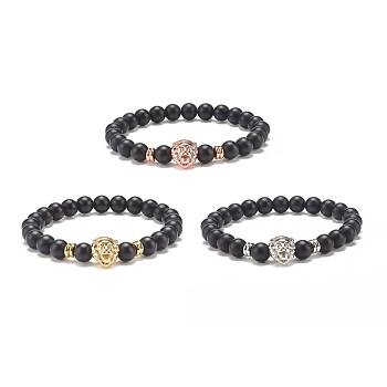 3Pcs 3 Color Synthetic Black Stone Round Beaded Stretch Bracelets Set with Brass Lion, Gemstone Jewelry for Women, Mixed Color, Inner Diameter: 2-1/8 inch(5.5cm), 1pc/color