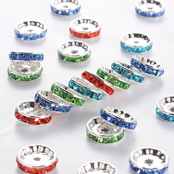 Brass Rhinestone Spacer Beads, Grade A, Mixed Color, Rondelle, Nickel Free, Silver Color Plated, about 12mm in diameter, 4mm thick, hole: 2.5mm