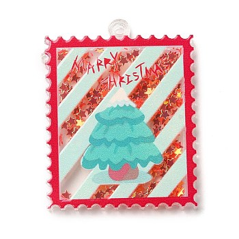 Christmas Acrylic Pendants, with Paper, Stamp, Christmas Tree, 49x38x4mm, Hole: 2.4mm