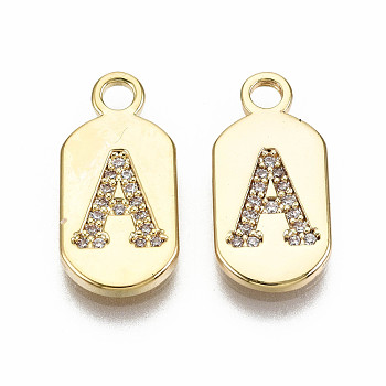 Brass Micro Pave Clear Cubic Zirconia Pendants, Nickel Free, Real 18K Gold Plated, Oval with Word, Letter.A, 16x7.5x1.5mm, Hole: 1.8mm