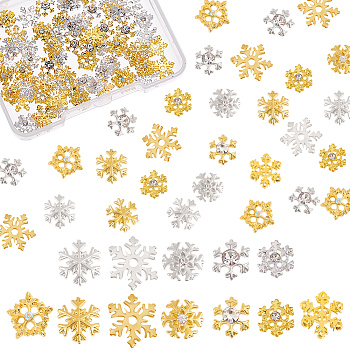 96Pcs 7 Styles Christmas Themed Alloy Cabochons, Nail Art Decoration Accessories, DIY Crystal Epoxy Resin Material Filling, Snowflake, Cadmium Free & Lead Free, Golden & Silver, 8pcs/style