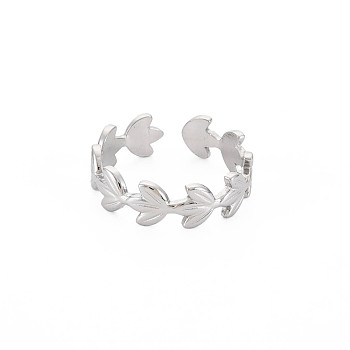 304 Stainless Steel Flower Open Cuff Ring for Women, Stainless Steel Color, US Size 9 1/4(19.1mm)