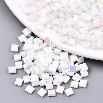 2-Hole Glass Seed Beads, Half Rainbow Colours, Square, White, 5x4.5~5.5x2~2.5mm, Hole: 0.5~0.8mm, about 118pcs/10g