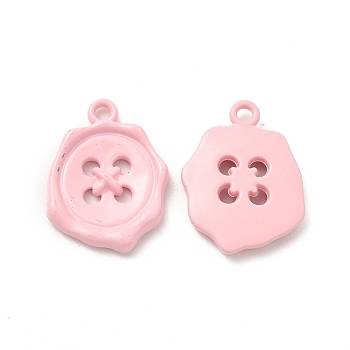 Spray Painted Alloy Pendants, Button Charm, Pink, 21x16x3mm, Hole: 1.8mm