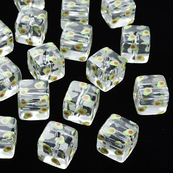 Transparent Printed Acrylic Beads, Square with Fruit Pattern, Avocado Pattern, 16x16x16mm, Hole: 3mm