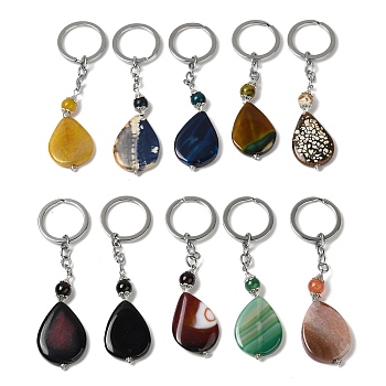 Iron with Alloy Natural Agate Pendant Keychain, Dyed, Teardrop, Mixed Color, 120mm