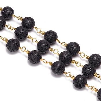 3.28 Feet Handmade Natural Lava Rock Beaded Chains, Unwelded, with Brass Findings, Round, Golden, 8.5mm