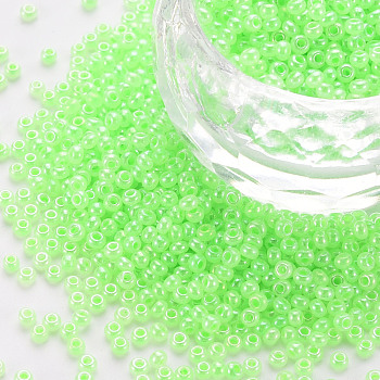 12/0 Imitation Jade Glass Seed Beads, Opaque Colours Luster, Round, Spring Green, 2x1.5mm, Hole: 1mm, about 40000pcs/Pound