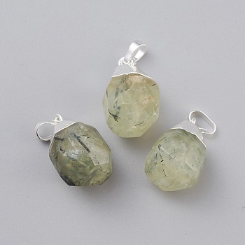 Natural Prehnite Pendants, with Brass Bails, Faceted, Teardrop, Silver Color Plated, 19~21x12~14x11~15mm, Hole: 5x3mm