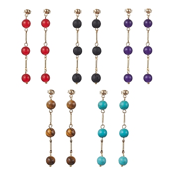 Natural & Synthetic Mixed Gemstone Dangle Stud Earrings, Golden 304 Stainless Steel Tassel Earrings, 66~68x8~8.5mm