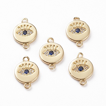 Brass Micro Pave Clear & Royal Blue Cubic Zirconia Links Connectors, Flat Round with Eye, Real 18K Gold Plated, 14x10x1.5mm, Hole: 1.2mm