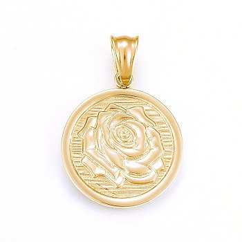 304 Stainless Steel Pendants, Flat Round with Flower, Golden, 29x25x2mm, Hole: 9x5mm