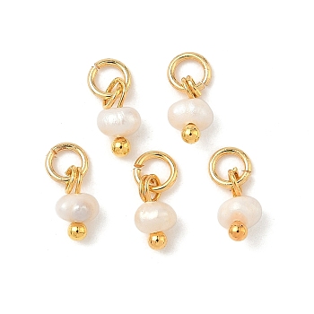 Natural Cultured Freshwater Pearl Rondelle Charms, with  Stainless Steel Jump Rings, Floral White, Golden, 7x4x3.5mm, Hole: 2.5mm