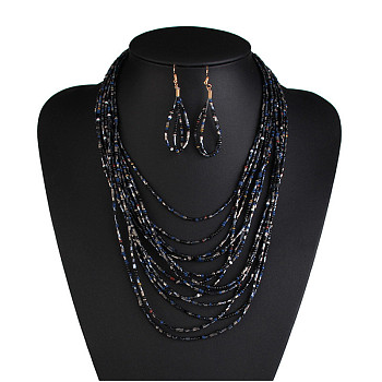 Bohemian Style Glass Seed Beaded Multilayer Necklaces & Teardrop Dangle Earrings Sets, Black, 490mm