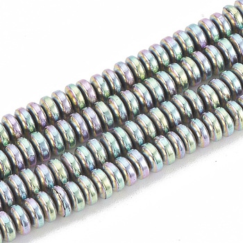 Electroplate Non-magnetic Synthetic Hematite Beads Strands, Heishi Beads, Flat Round/Disc, Rainbow Plated, 4x2mm, Hole: 1mm, about 210pcs/strand, 16.14 inch