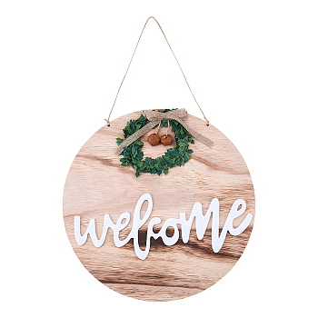 Wooden Ornaments, with Jute Twine, for Party Gift Home Decoration, Flat Round with Word, Word, 300mm
