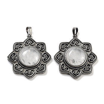 Natural Quartz Crystal & Brass Pendants, Antique Silver, Rock Crystal Sun Charm, 43.5x39.5x9mm, Hole: 9.5x5.5mm