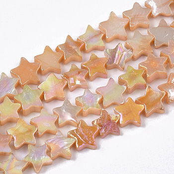 Freshwater Shell Beads Strands, AB Color Plated, Dyed, Star, Light Salmon, 8~9x9x2~3mm, Hole: 0.8mm, about 55~59pcs/Strand, 15.89 inch(40.36cm) 