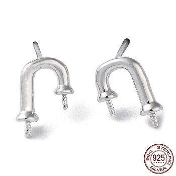 Rhodium Plated 925 Sterling Silver Stud Earring Findings, Arch, for Half Drilled Beads, with S925 Stamp, Real Platinum Plated, 10.5x7mm, Pin: 11x0.9mm and 0.7mm