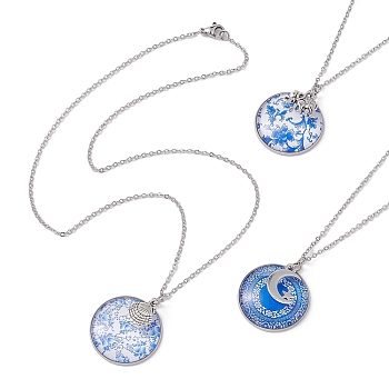 Steel Blue Glass Flat Round & Alloy Pendant Necklace, with 304 Stainless Steel Chains, Mixed Shapes, 18.35 inch(46.6cm)