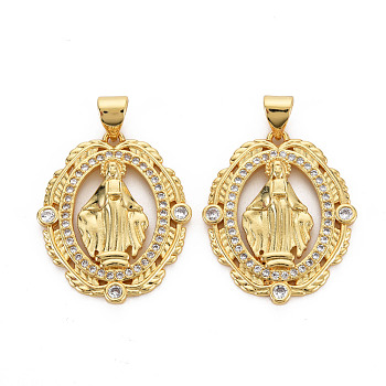 Brass Micro Pave Cubic Zirconia Pendants, Nickel Free, Oval with Virgin, Real 16K Gold Plated, 25x21x3mm, Hole: 3x5mm