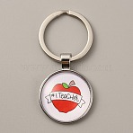 Teacher's Day Time Gem Keychain, with Alloy Findings, Half Round/Dome with Word I Theach, Apple Pattern, 6cm(KEYC-WH0029-51C-P)