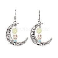 Halloween Alloy Synthetic Turquoise Dangle Earrings,  Brass Resin Earring for Women, Moon with Skull, White, 58x35mm(EJEW-JE05844-03)