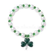 Glass Pearl Beaded Stretch Bracelets, Alloy Enamel Clover Charm Bracelets, Green, Inner Diameter: 2-3/8 inch(5.95cm)(BJEW-JB11191)