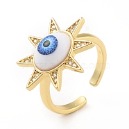 Cubic Zirconia Sun with Evil Eye Open Cuff Ring with Acrylic, Real 18K Gold Plated Brass Jewelry for Women, Cadmium Free & Lead Free, Blue, US Size 6 1/4(16.7mm)(RJEW-B042-09G-02)