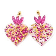 Acrylic Heart Dangle Stud Earrings, Long Drop Earrings with 304 Stainless Steel Pins, Camellia, 61x39~40mm(EJEW-F327-02B)