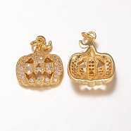Halloween Brass Cubic Zirconia Pendants, Pumpkin, Grade AAA, Cadmium Free & Nickel Free & Lead Free, Real 18K Gold Plated, 16x13x4mm, Hole: 2mm(ZIRC-K026-06G-NR)