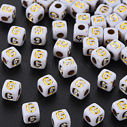 Opaque White Acrylic Beads, Metal Enlaced, Cube with Letters, Letter.G, 4.5mm, Hole: 2mm, about 5000pcs/500g(MACR-Q242-010G)