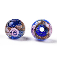 Luminous Handmade Gold Sand Lampwork Beads, Glow in the Dark, Round with Flower, Blue, 12x11.5mm, Hole: 1.5mm(LAMP-T021-03P)