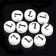 Handmade Porcelain Beads, Horizontal Hole, Flat Round with Letter, White, Letter.L, 8~8.5x4.5mm, Hole: 2mm(PORC-Q259-01L)
