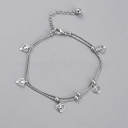 Brass Multi-Strand Anklets, with Ball Chains, Round Beads and Bell Charm, Heart, Platinum, 8-1/2 inch(21.7cm)(AJEW-B005-22P)