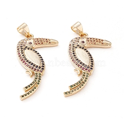 Brass Micro Pave Cubic Zirconia Pendants, Long-Lasting Plated, Tucano, Real 18K Gold Plated, Colorful, 34x18x2.5mm, Hole: 3x4mm(ZIRC-L093-35G)