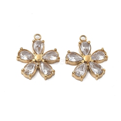 304 Stainless Steel Micro Pave Cubic Zirconia Charms, Flower, Ion Plating(IP), Real 18K Gold Plated, 15.5x13.5x3.5mm, Hole: 1.5mm(STAS-Z121-43A-G01)