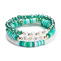Love Stretch Bracelets Set, Glass & Acrylic & Polymer Clay Beads Bracelets, Surfer Heishi Bracelet for Teen Girl Women, Green, 2-1/8~2-1/4 inch(5.3~5.7cm), 3pcs/set(BJEW-JB07155-04)